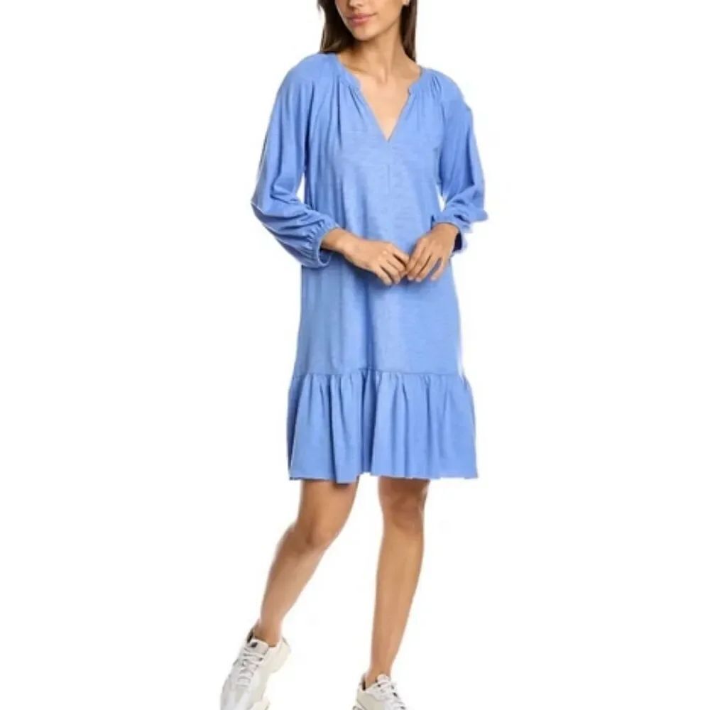Lilla P Blue Raglan Long Sleeve V-Neck Ruffle Mini Dress - Picture 2 of 8